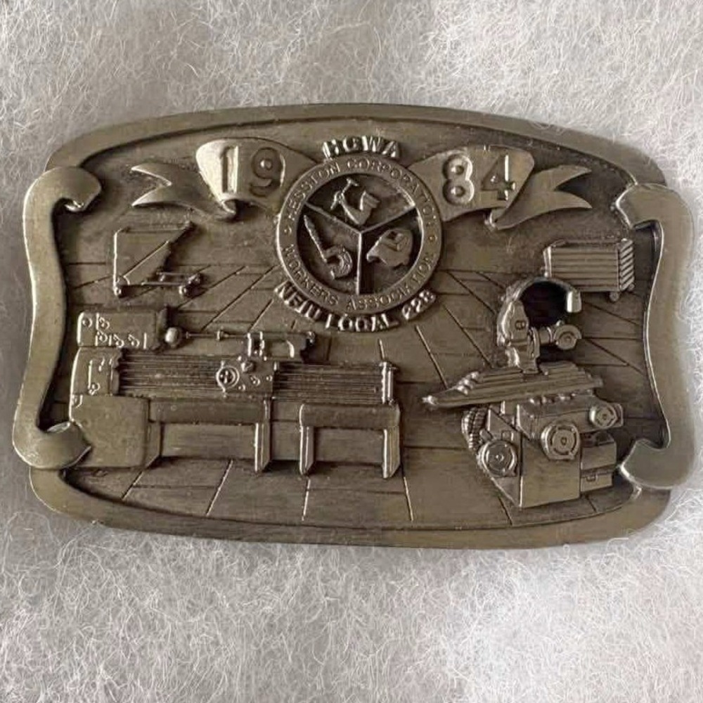 Vintage 1984 Hesston Corp Workers Association Belt Buckle Machinist Tool Grinder